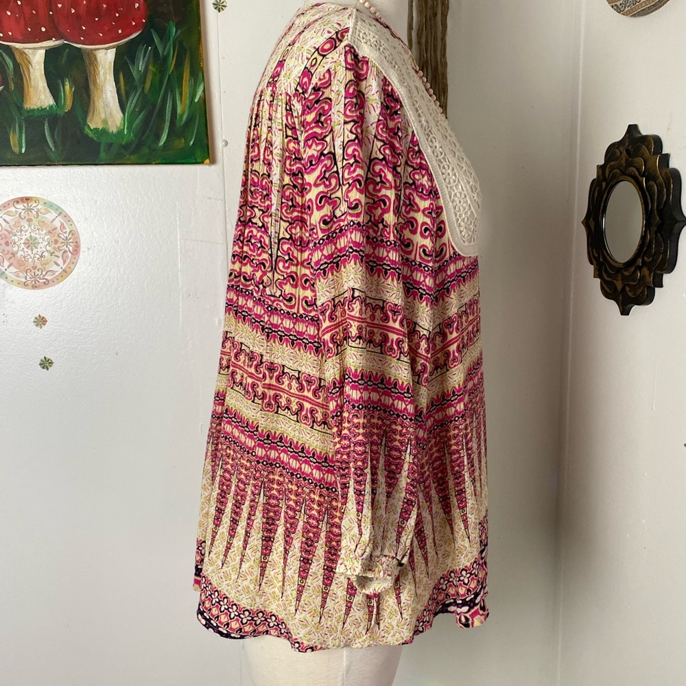 Moon and Sky boho long sleeve v neck crochet lace bib cream print pink top S - Picture 6 of 11